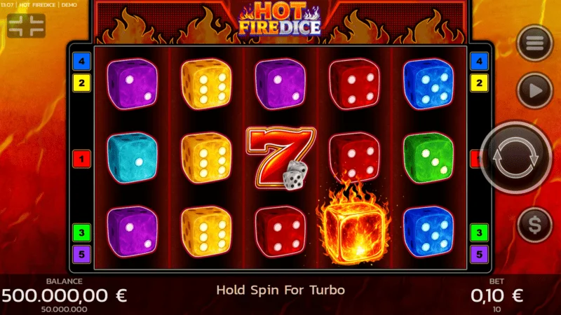 Hot Fire Dice - ekran gry z płonącymi siódemkami